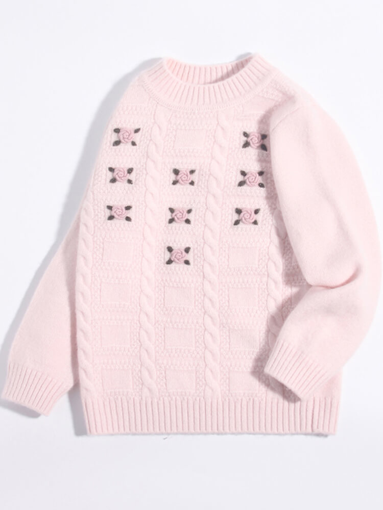 Pink Rose Embroidered Girls Cozy Cable Knit Cashmere Sweater